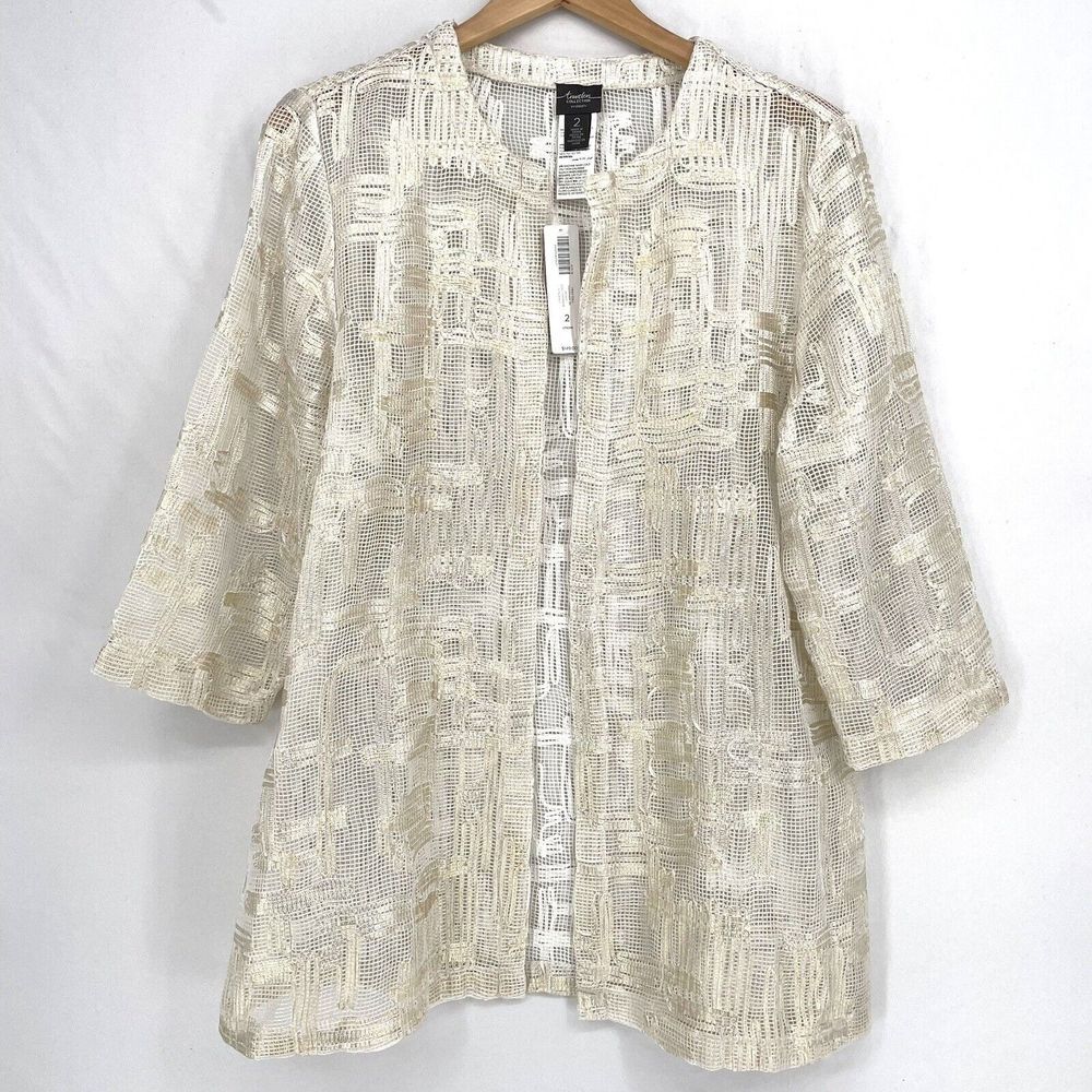 Chicos Travelers‎ Mesh Jacket Womens 2 US  Cream Ivory Hook Eye Closure